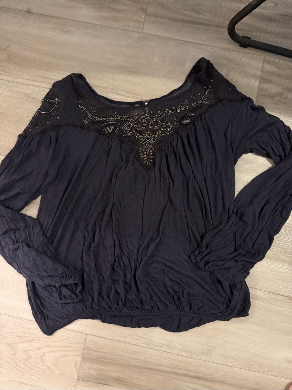 Free people charcoal gray long sleeve boho beaded blouse sz large